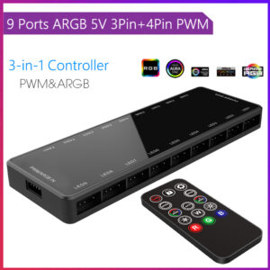 3-Pin 10-Fan ARGB Controller with 4-Pin With Remote